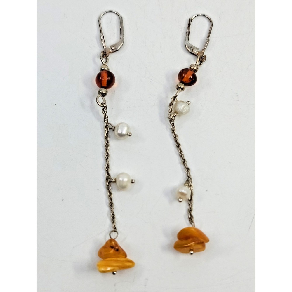 Pearl Agate Natural Stone Silver Tone Drop‎ Dangle Earrings